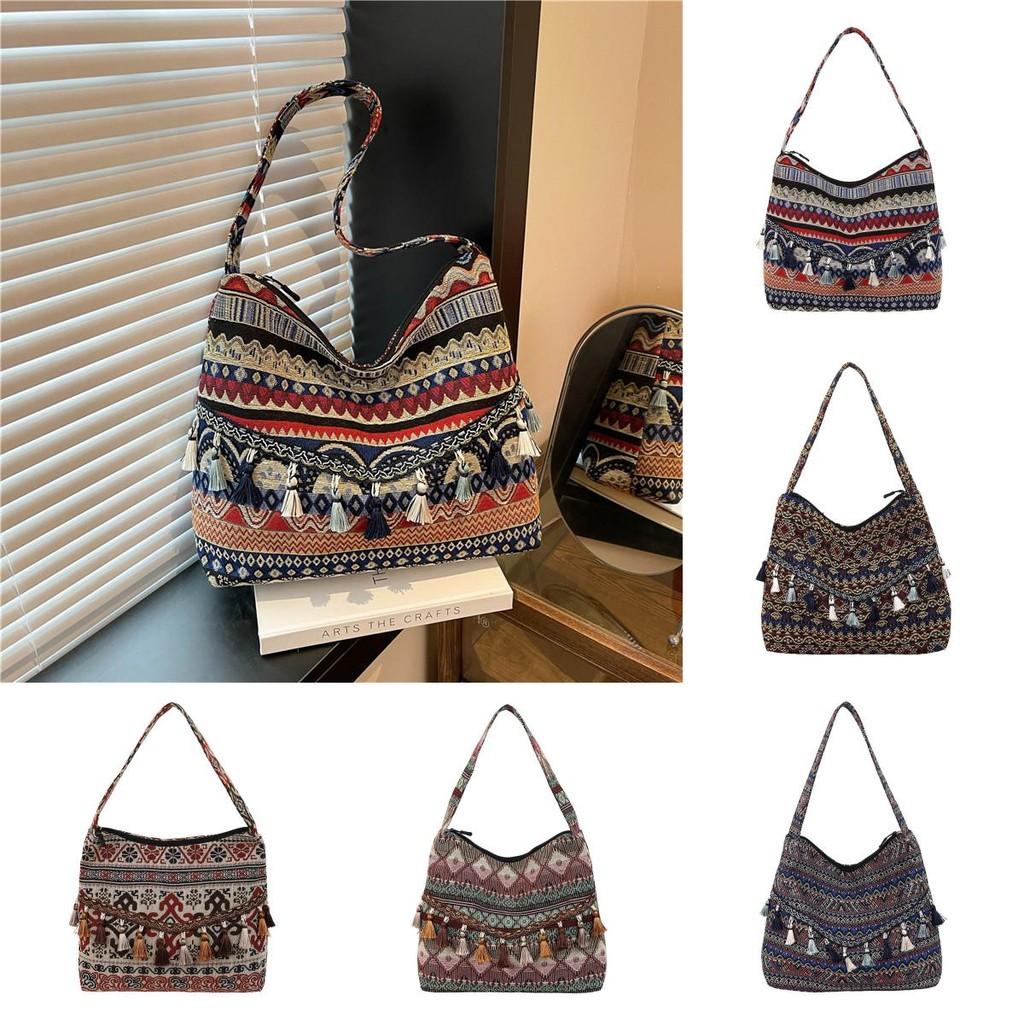 Ethnic Inspired Shoulder Bag Made From Special Material With Zipper Closure