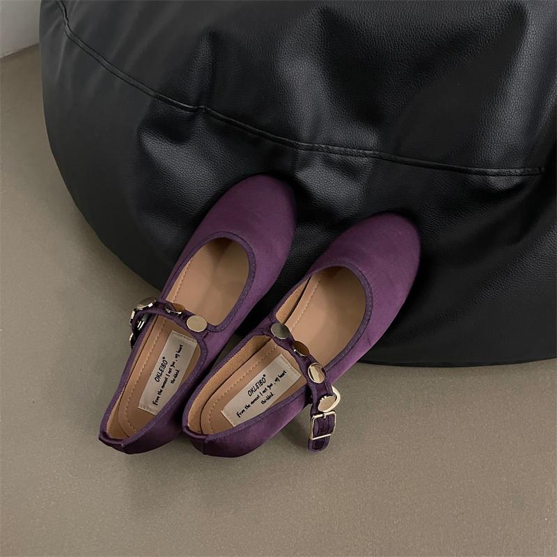 

IPPEUM Ballet Flats Women Purple Satin Round Toe Mary Jane Shoes Buckle Silver Ballerina Flats 245 фиолетовый