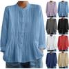 Women's Mandarin Collar Pleated Linen Cotton Shirt Solid Long Sleeve Button Down Peplum Blouse