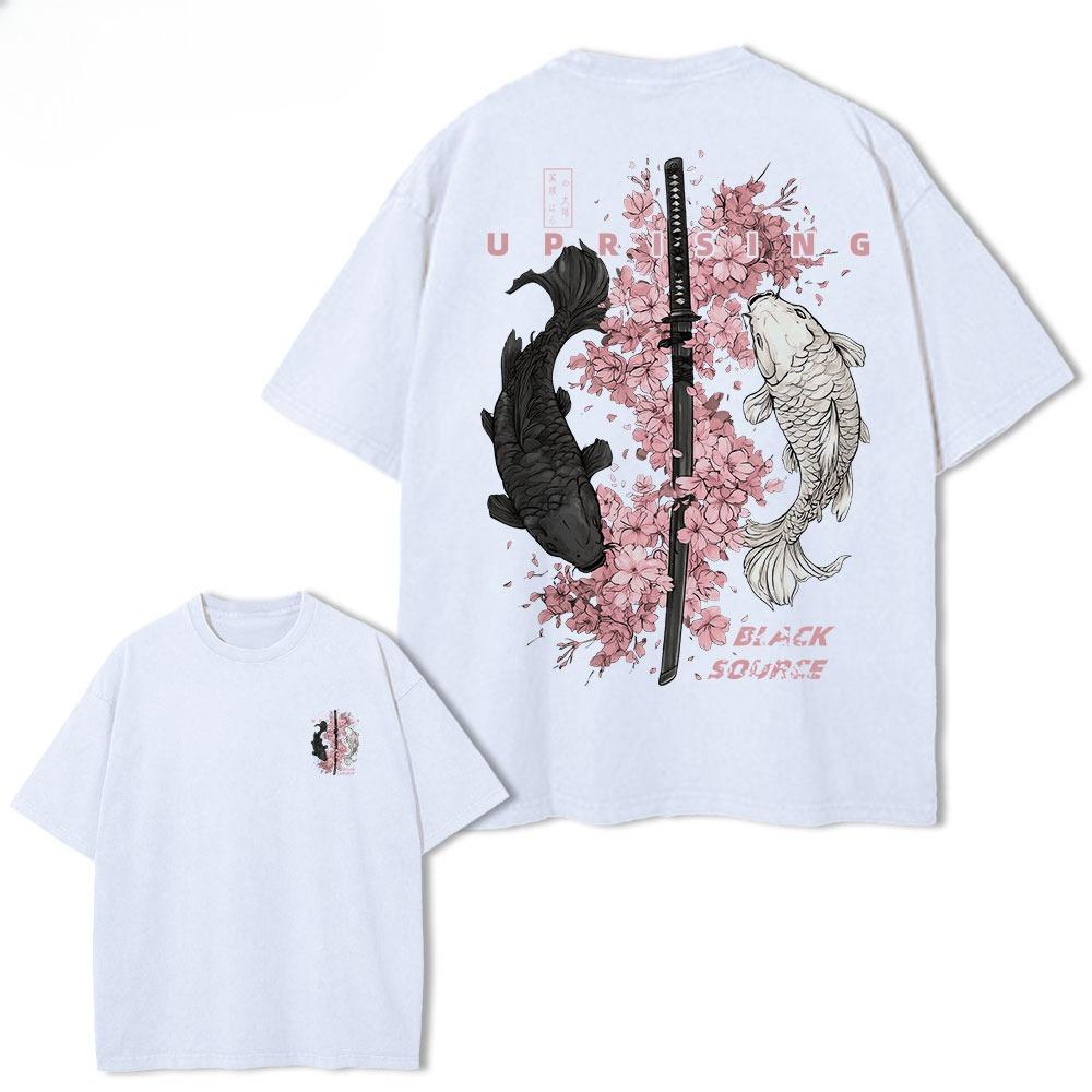 4 Vintage Koi Fisch Sakura Katana Grafik T-Shirt Kirschblüten Schwert Druck Unisex Baumwolle Rundhals Kurzarm Street Tee Top