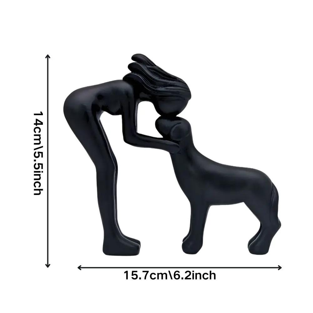 Abstract Black Resin Sculpture: Woman & Dog Hugging Figurine - Modern Pet Lover Gift Home Office Decor