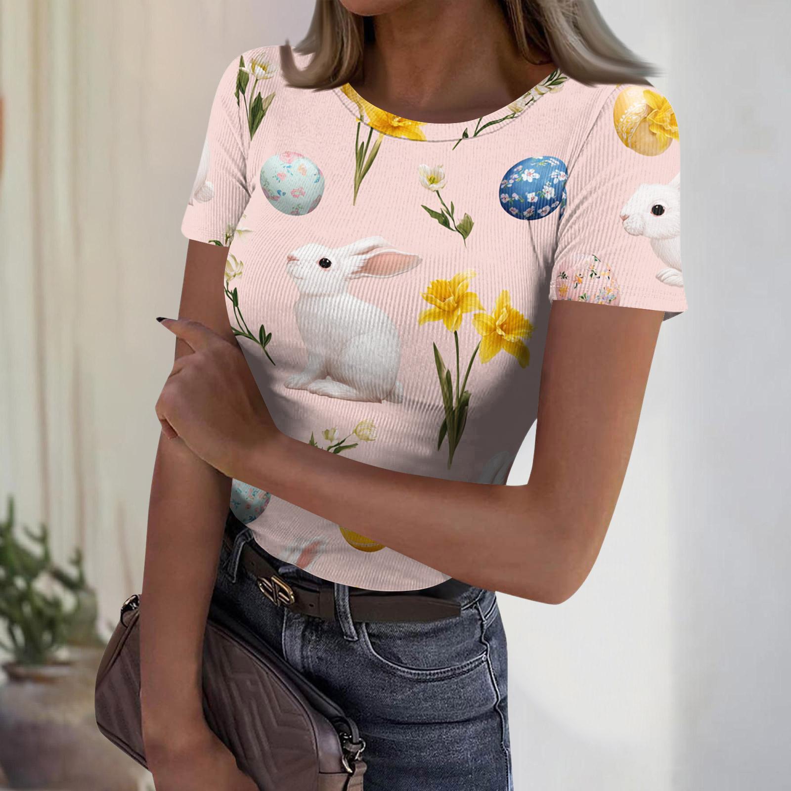 

Women s Casual Fashion Round Neck Easter Print Short Sleeve Ribbed Top M