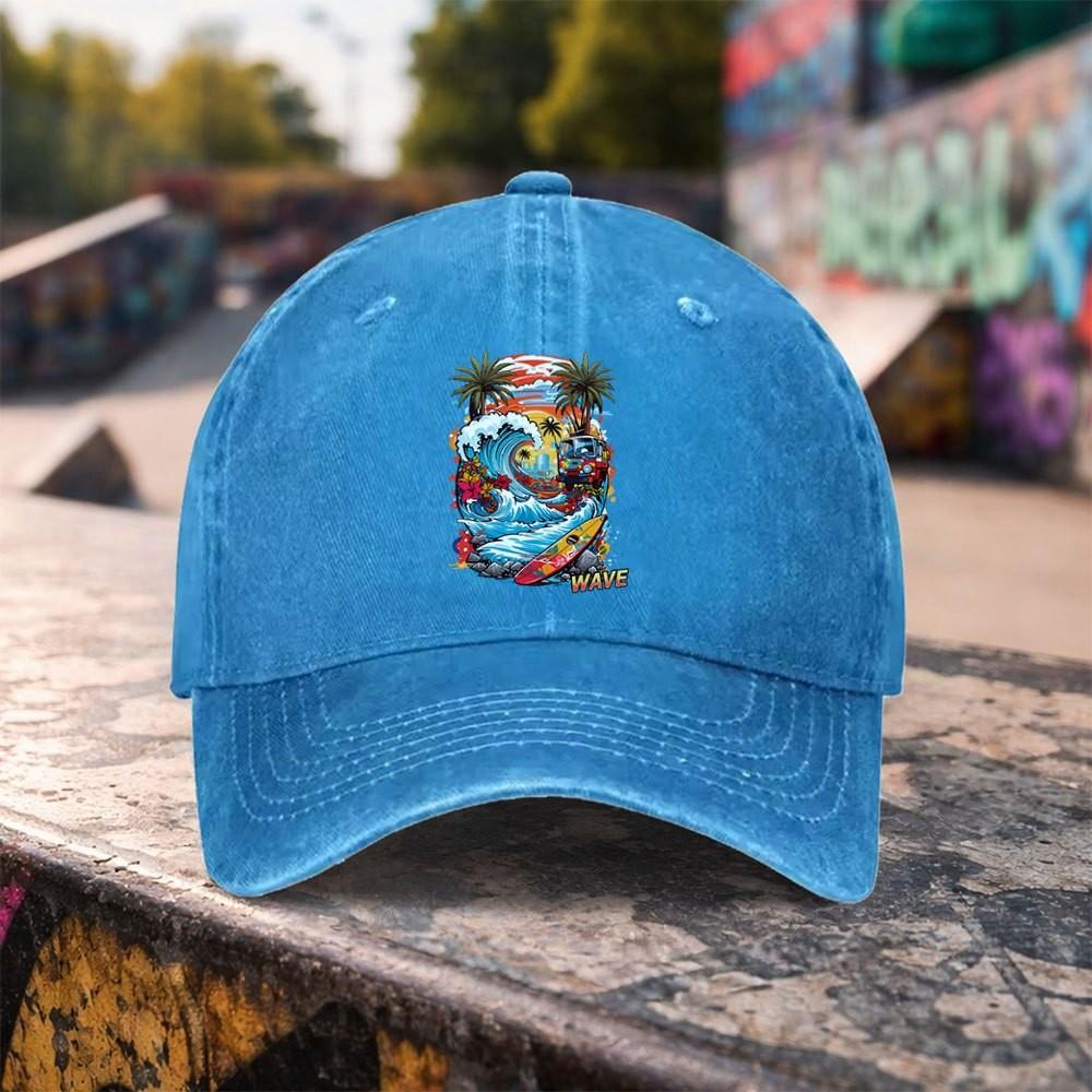 Wave Surfboard Graphic Washed Baseball Cap Cotton Adjustable Outdoor Streetwear Hat