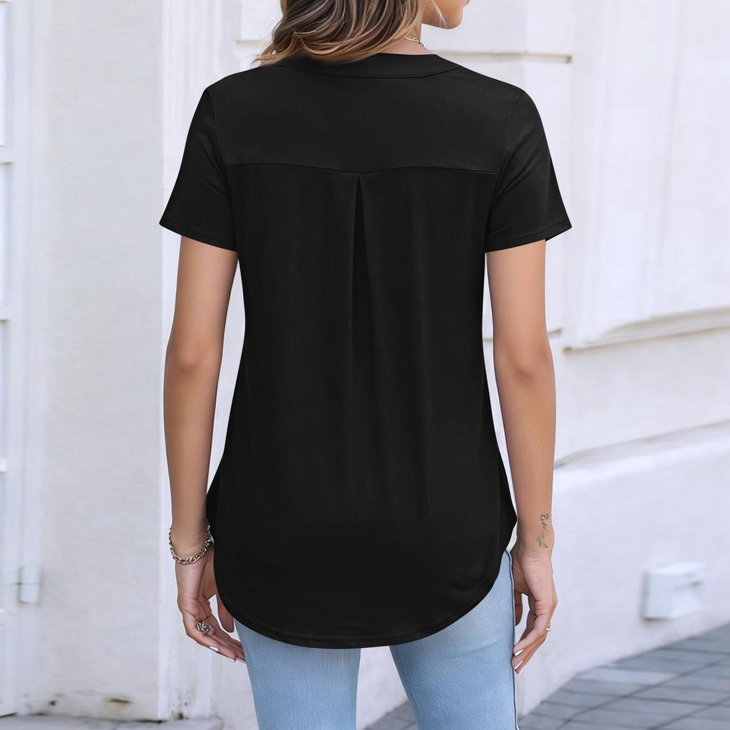 Damen Casual Top mit kurzen Ärmeln, Reißverschluss vorne, Umlegekragen und dekorativen Pattentaschen für den Alltag