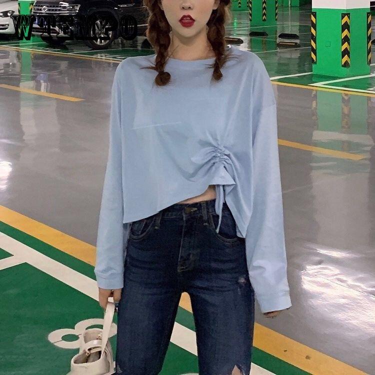 

Женская футболка с короткими рукавами и шнурком для девочек, однотонная повседневная футболка с длинным рукавом и круглым вырезом