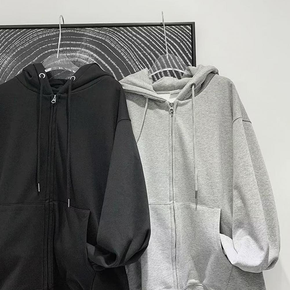 Men Fall Winter Hoodie Drawstring Loose Zip-up Long Sleeves Pockets Hooded Plus Size Cardigan Thin Pure Color Daily Wear Casual