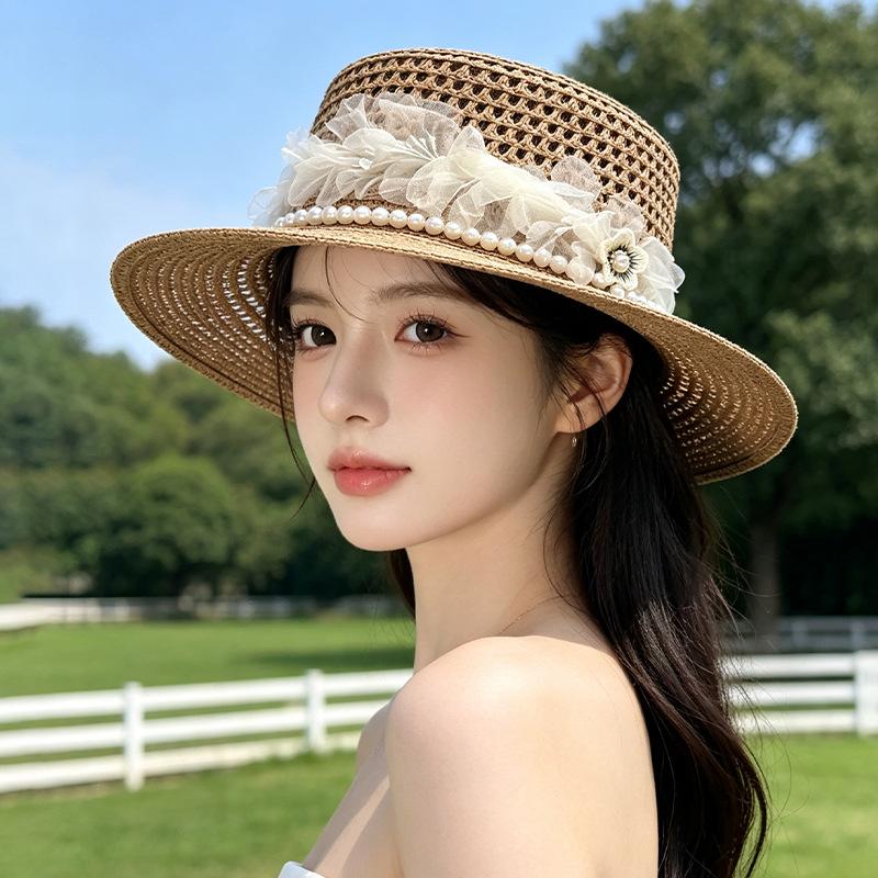 Flat top straw hat female pearl summer travel sun hat vacation beach hat versatile face hat