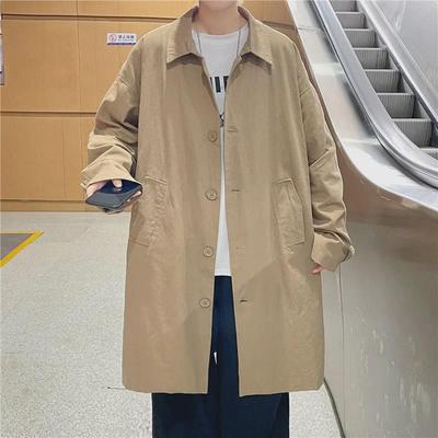 Autumn Japanese-Style Mid-Length Trench Coat, Solid Color, Hong Kong-Inspired, Men's Loose Korean Casual Trendy Jacket