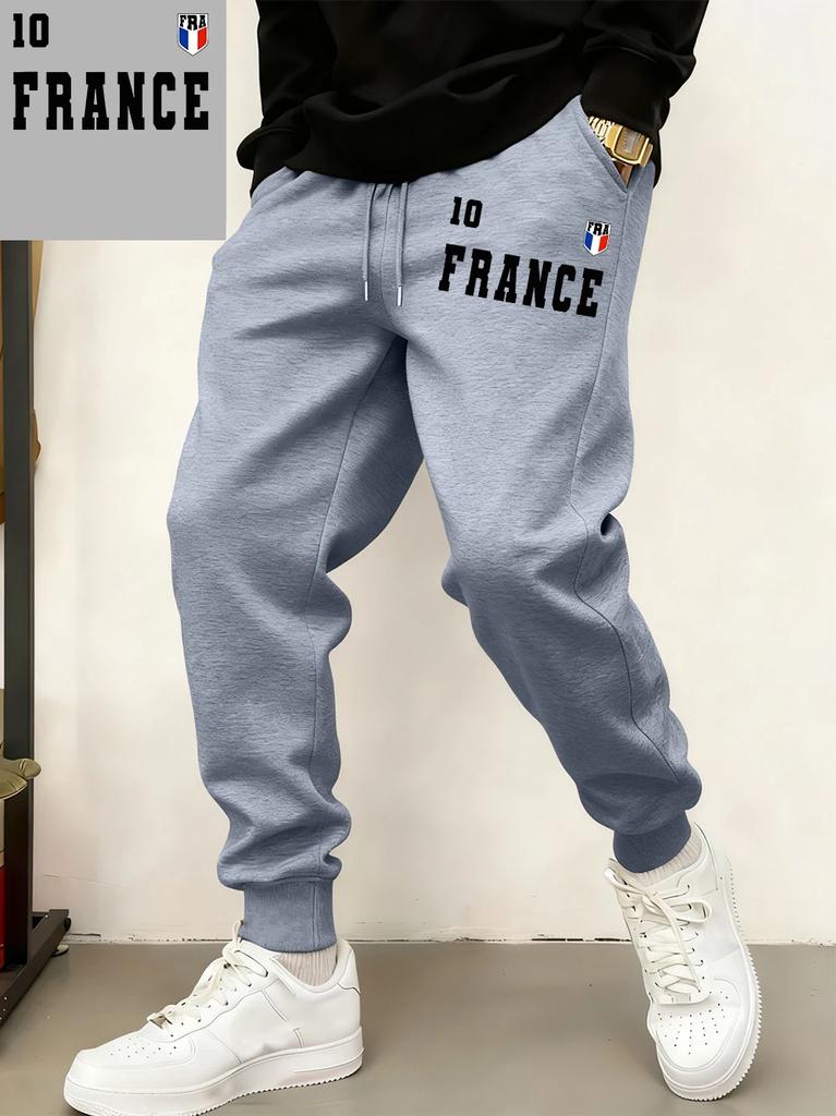 France-10sport Men Jogging Pants Pocket France 10 Letter Print, Leg Tricolor Shield Design, Relaxed Breathable Sweatpants for Game Day Fits