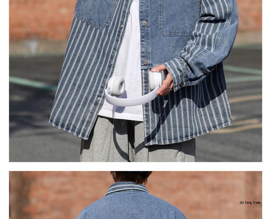 Herrjacka Vår/Höst Randig Lapptäcke Denimjacka - Trendig, Cool, Lös Passform, Tvättad Arbetskläder i Amerikansk Hong Kong-stil.