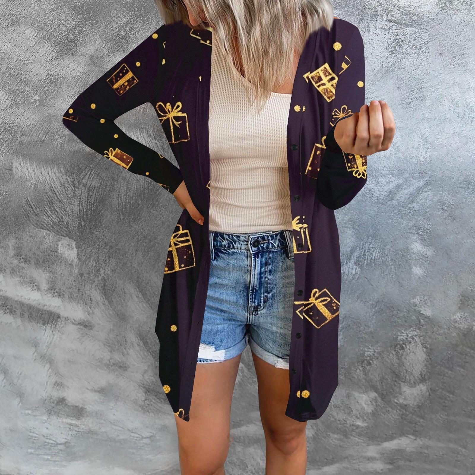 

Длинный рукав Женский ретро принтованный топ Легкий базовый свободный жакет Кардиган Повседневные рубашки Рождество L фиолетовый