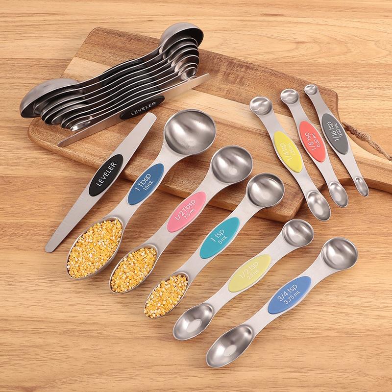 Juego de 9 Piezas de Cucharas Medidoras de Acero Inoxidable con Succión Magnética Cuchara Dosificadora de Gramos con Báscula Cuchara Medidora Herramienta de Horneado LS007