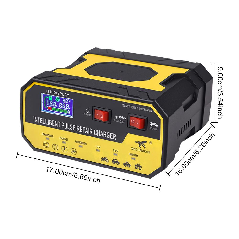 EU-Stecker Überspannungsschutz Intelligente Pulsreparatur Multifunktional 12V 24V 8A Autobatterieladegerät Automatischer Stopp Spannungs- und Temperaturerkennung