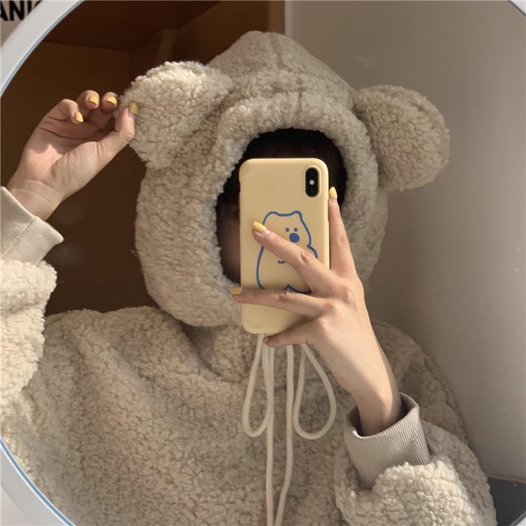 Plus Size Women's Faux Lambswool Bear Ear Hoodie - Loose Fit for Autumn/Winter