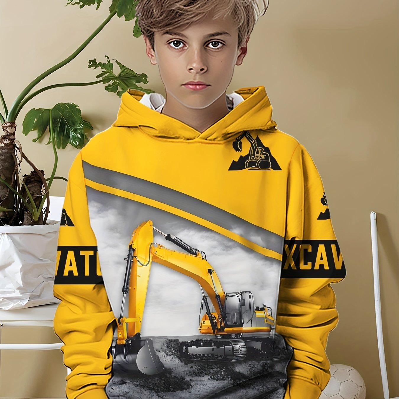 

Fashionable and casual boys clothing, hat, cedar 3D printing excavator pattern, long sleeved pullover, comfortable, fashionable and sporty 13-14Y
