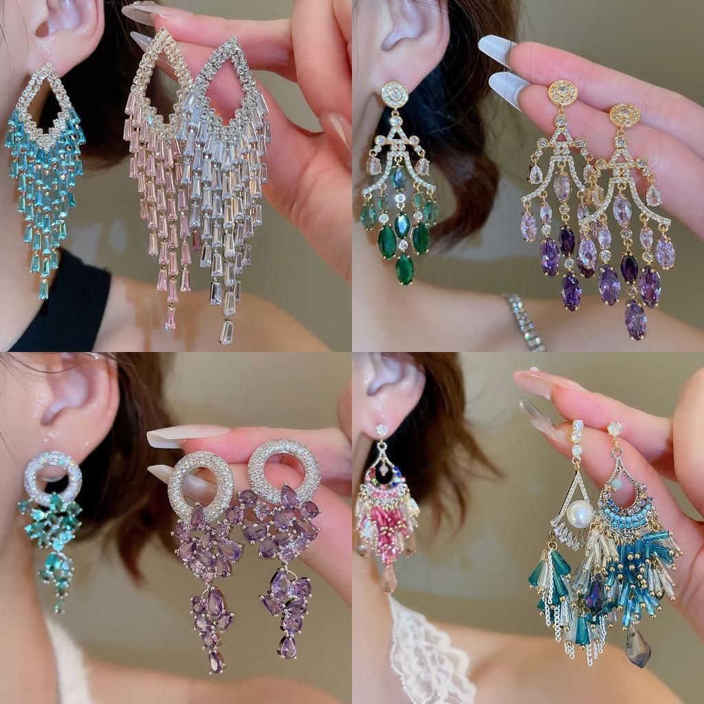 French Court Style Silver Needle Zircon Rectangular Earrings Exquisite Light Luxury High-end Stud Earrings Exaggerated Earrings Women