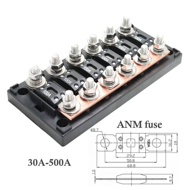 ANM MEGA 6Way MIDI Fuse Box 30A-500A Bolt-Down Power Distribution Block with Copper Busbar for RV Camper Boat Marine