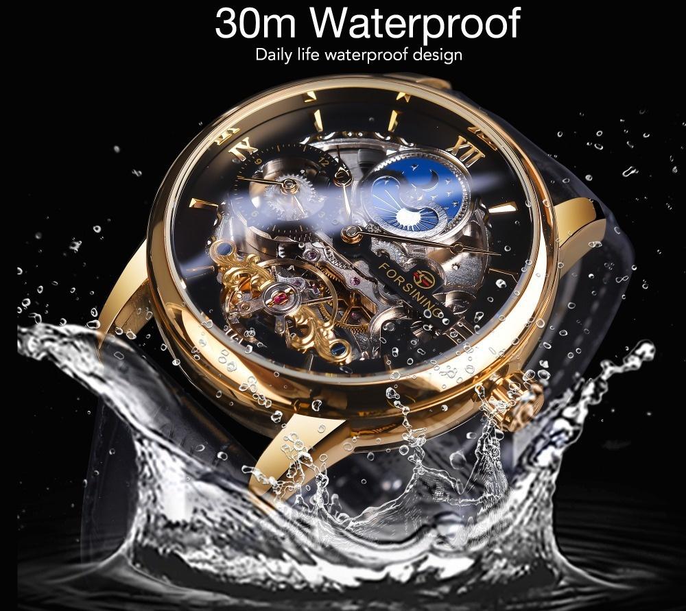 FORSINING Orologio Uomo Automatico Scheletro - Dodecagono, Numeri Romani, Cinturino Pelle, Argento/Blu, Impermeabile 30m