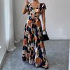 Women Vintage Floral Print Pleated Maxi Dress Ruffle V Neck Self Tie Waist Vacation Long Dress