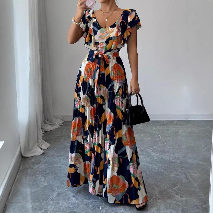 Women Vintage Floral Print Pleated Maxi Dress Ruffle V Neck Self Tie Waist Vacation Long Dress