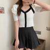 Summer Bubble Sleeve Sweater Knit Retro Square Neck Temperament Hit Color Slim Short Section Short-sleeved Tops Women Casual Slim Fit Pullovers Tees
