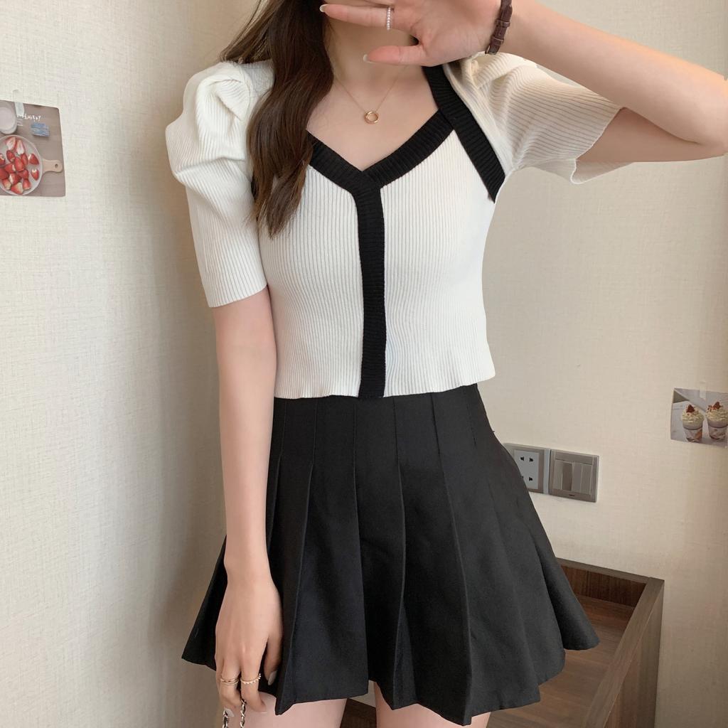 Summer Bubble Sleeve Sweater Knit Retro Square Neck Temperament Hit Color Slim Short Section Short-sleeved Tops Women Casual Slim Fit Pullovers Tees