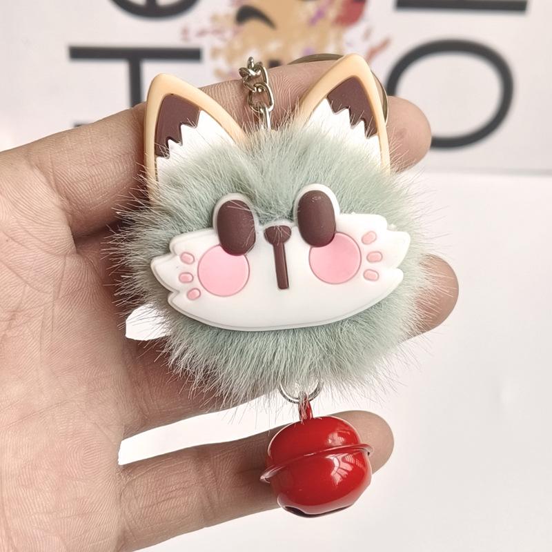 1 PC Cute lucky cat plush keychain imitation mink fur ball keychain with bell pendant