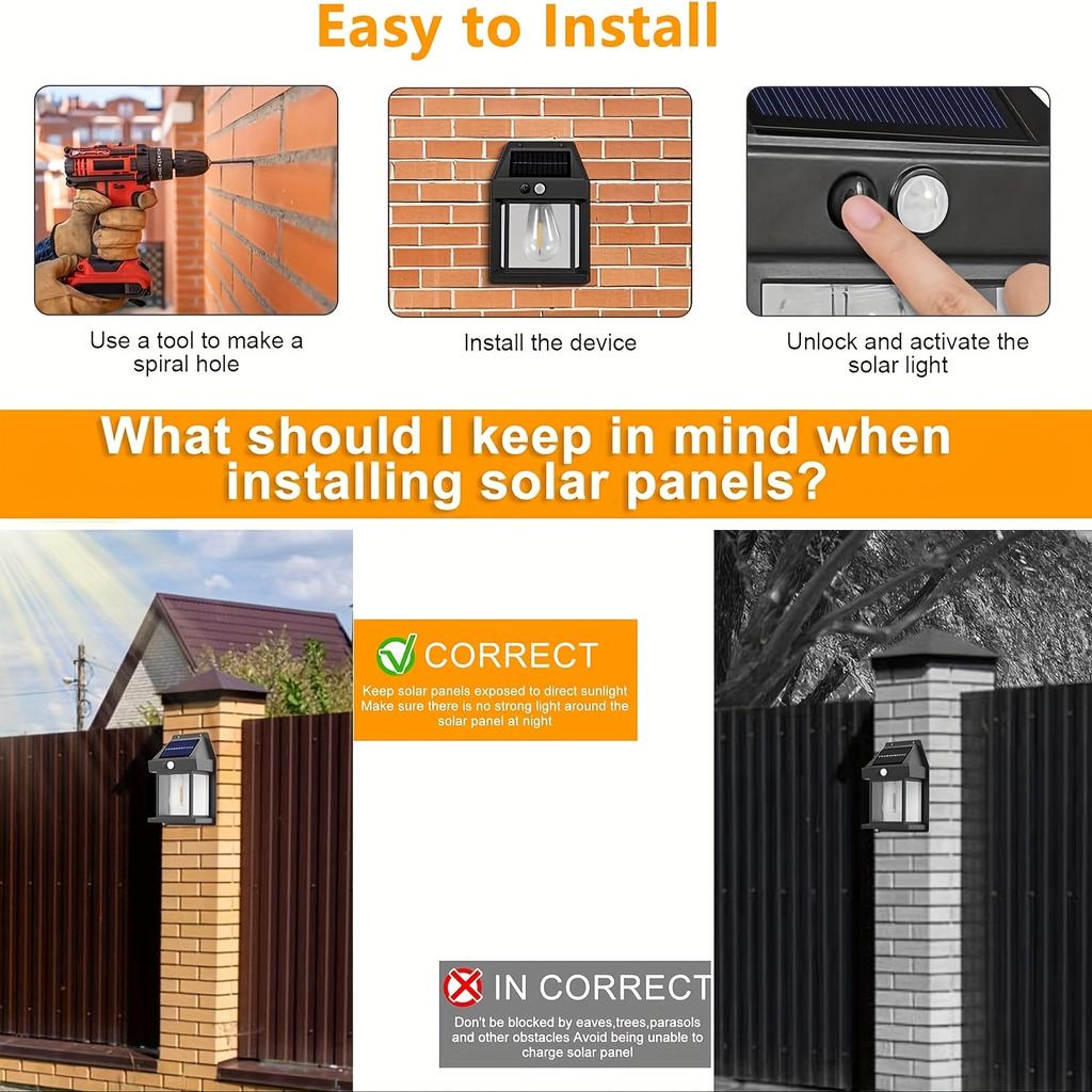 Warm Light Porch Lights, Solar Wall Lights Outdoor, Wall Porch Light Motion Sensor with 3 Lighting Modes, Outdoor Wall Lights for Garage Shed Door Yar