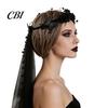 Halloween Headpiece Dark Rose Black Butterfly Veil Headband, Hair Hoop with Beaded Mesh Long Gradient Accessory Tulle for Ghost Bride Cosplay