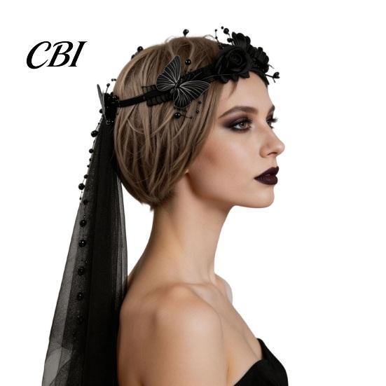 Halloween Headpiece Dark Rose Black Butterfly Veil Headband, Hair Hoop with Beaded Mesh Long Gradient Accessory Tulle for Ghost Bride Cosplay