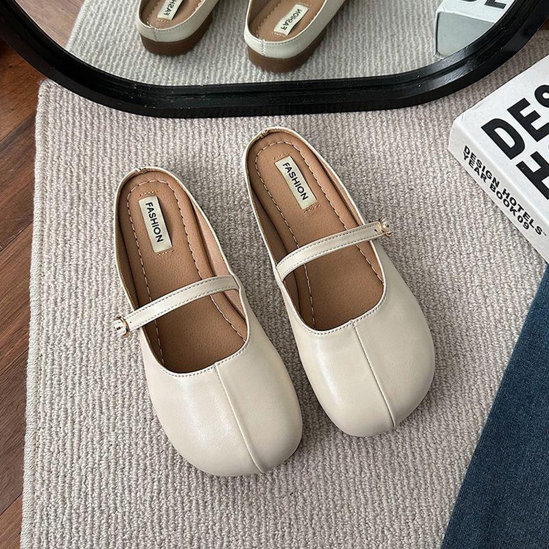 Baotou Half Slippers Women's Summer Wear 2025 Korean Version of Round Head Fashion Niche Soft Leather Flat Bottom Gentle Versatile Grandma Shoes
