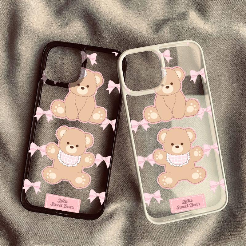 Schöne rosa Schleife Kleiner süßer Bär Handyhülle Für iPhone 16 Pro Max 15 14 13 12 Mini 11 XR XS X 7 Plus Stoßfest Klar Hartschalen-Cover