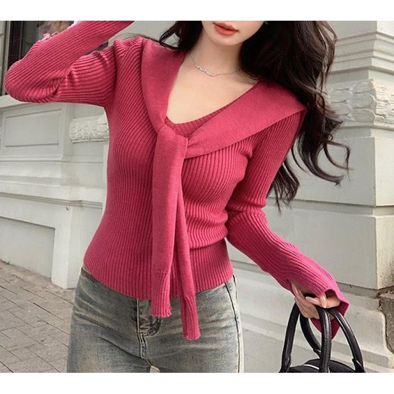 Sweet style temperament shawl knitted sweater women's autumn new thin slim bottoming shirt top