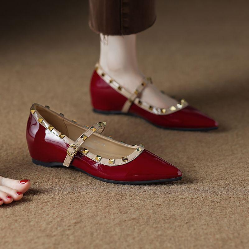 Height Increase Small Heel Single Shoes Women's 2025 Spring New French Pointed Head Shallow Mouth Mary Jane with Skirt Rivet Evening Shoes