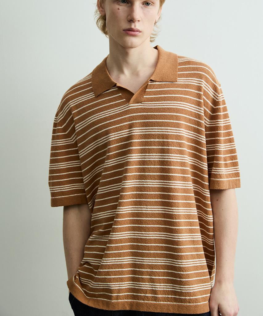 ONNHANS Striped Open Collar Short Sleeve Knit_Soft Terracotta