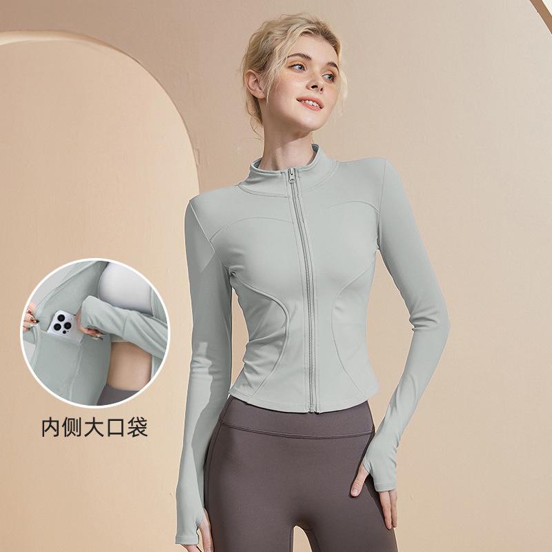 Yoga clothes women's tight tshirt sports long sleeves running training pilates standup neck zipper fitness clothes jacket spring