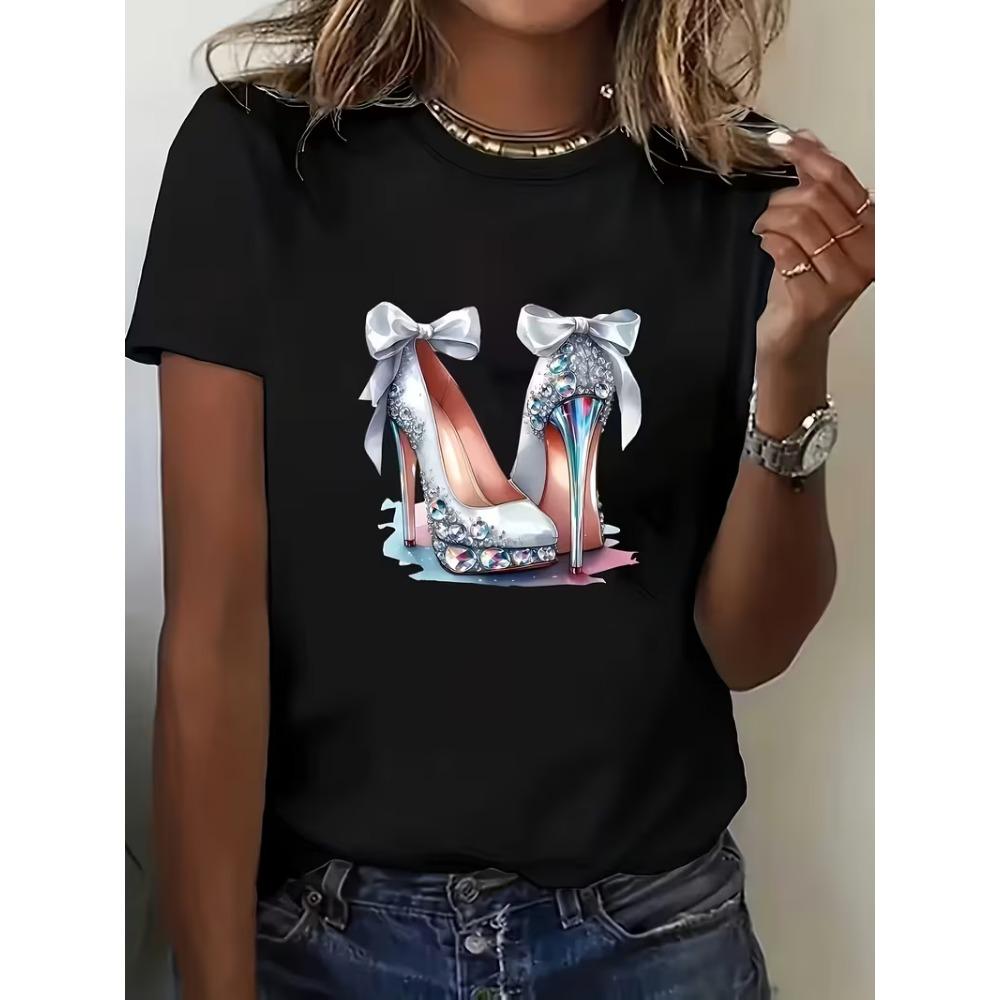 Leopard Print High Heels Graphic T-Shirt Women’s Chic Casual Short Sleeve Soft Comfortable Crew Neck Top