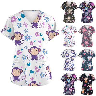 Women's Fashion Short Sleeve Cute Animal Printed V-Neck Pocket Workwear Tops