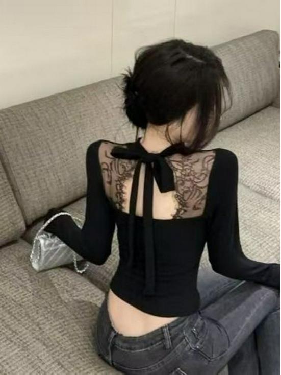 Backless Lace Long Sleeve Thermal T-shirt: 2025 Autumn/Winter Versatile Fleece Solid Color