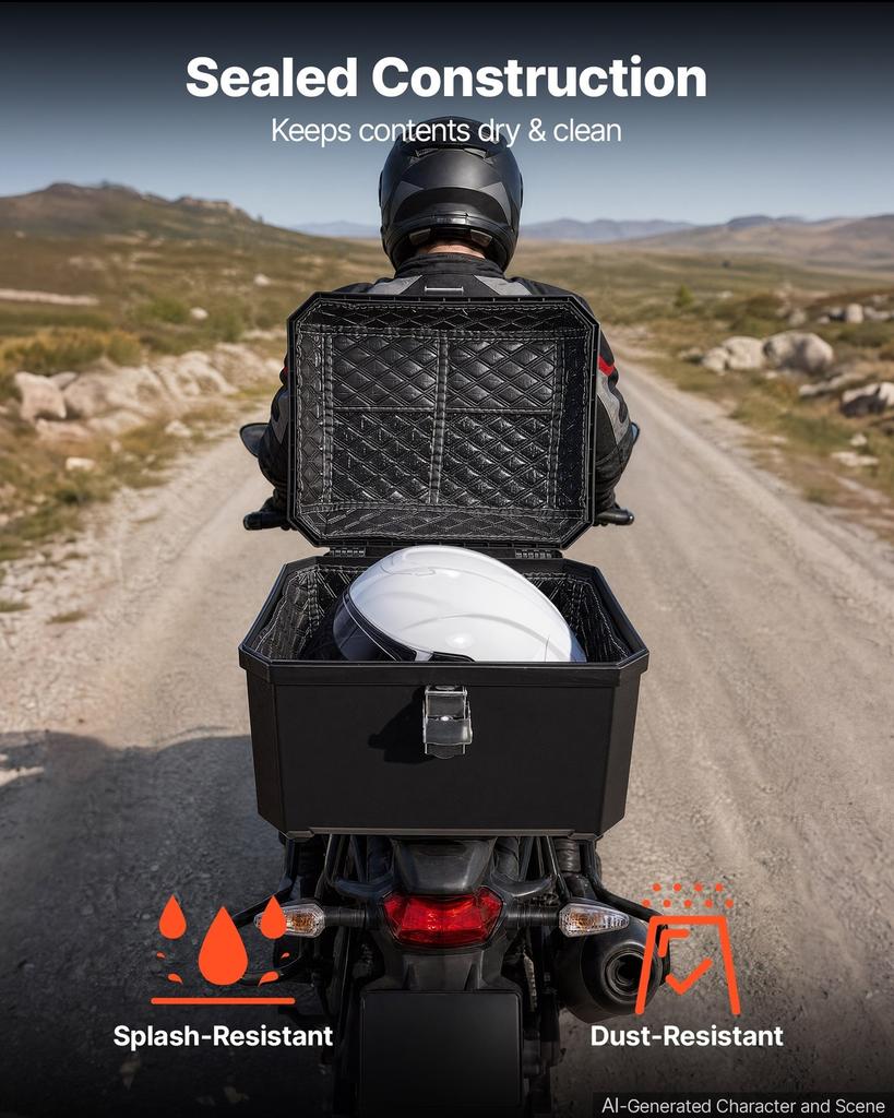 Motorcycle Top Case 45L Universal Waterproof ABS Motorcycle Tail Case, Detachable Motorbike Top Box with Security Lock & Leather Liner for Luggage