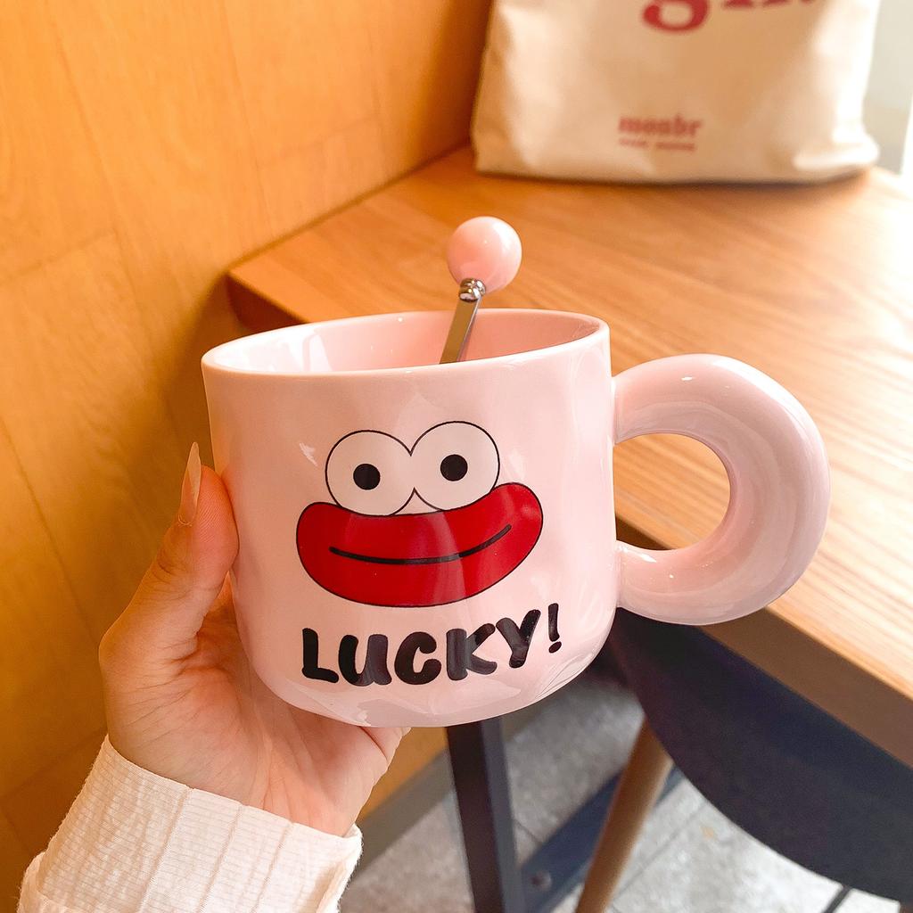 Cute Big Mouth Mug With Lid Spoon Ceramic Cup Girl Couple Water Cup Household Children Breakfast Coffee Cup Man