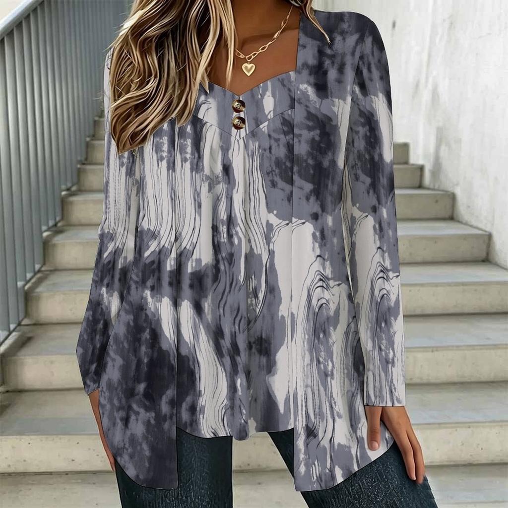 Women Plus Size Square Collar Long Sleeve T Shirt Double Layer Front Clay Tone Harvest Floral Printed Loose Top