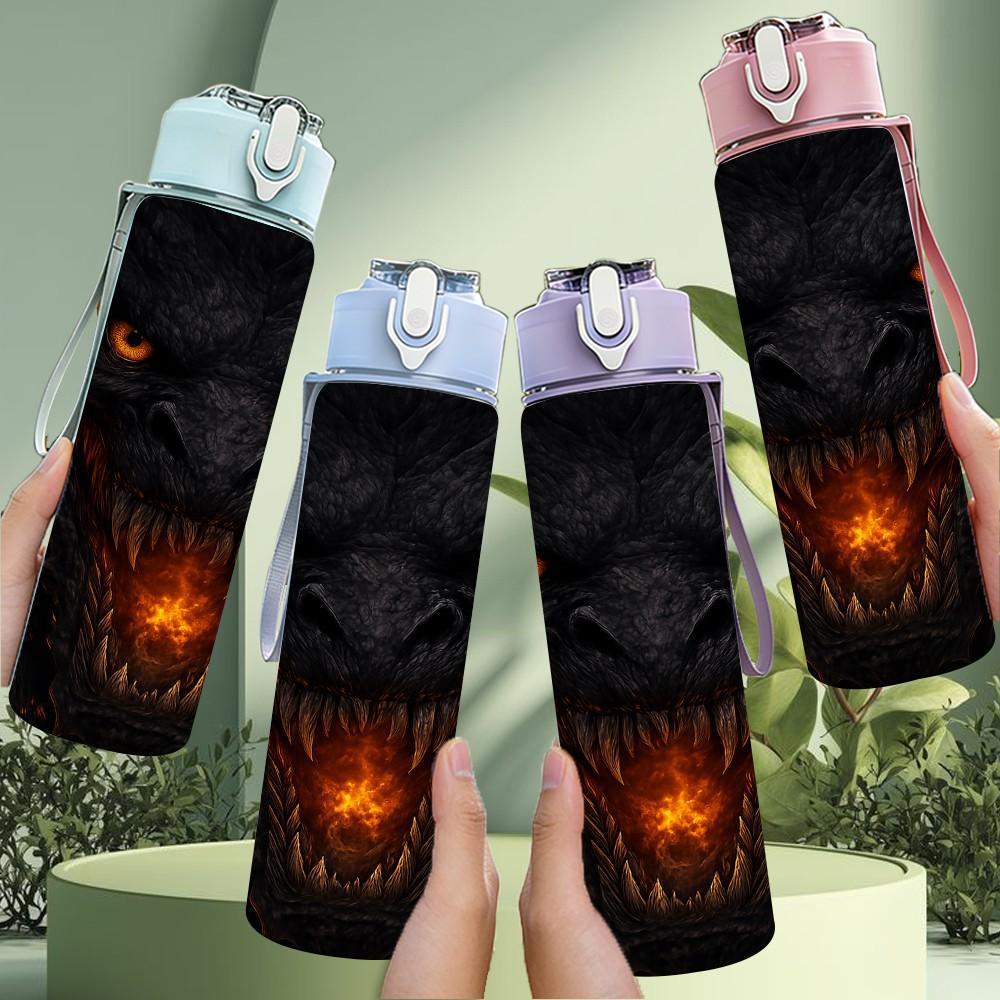 1PC Dark Evil Dragon Head Portrait Print 750ml Color Plastic Sports Water Bottle Leakproof Flip Straw Lid Suitable for Sports Office Home Use