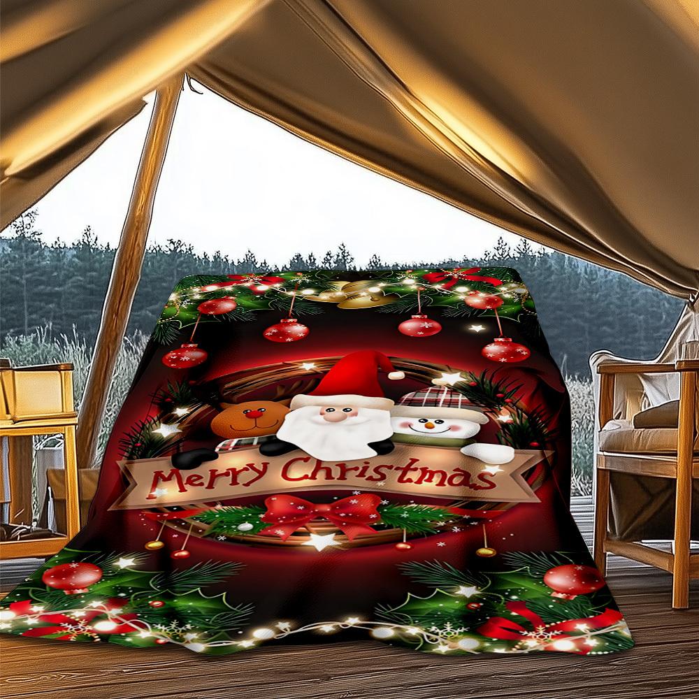 1pc Christmas wreath Outdoor Flannel Blanket , Machine Washable Perfect Gift for Birthday , Holiday Travel Accessory , Durable Material
