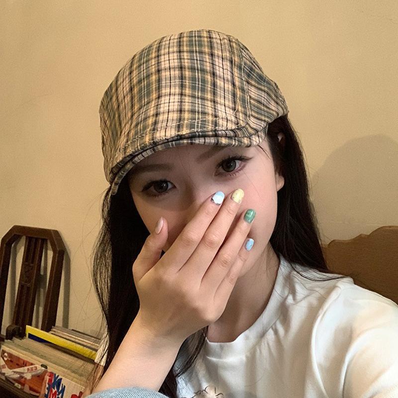 Women Vintage Plaid Beret Hat Soft Cotton Long Brim Sunshade Grid Forward Hat Y2K Japanese Girls Painter Artist Cowboy Caps