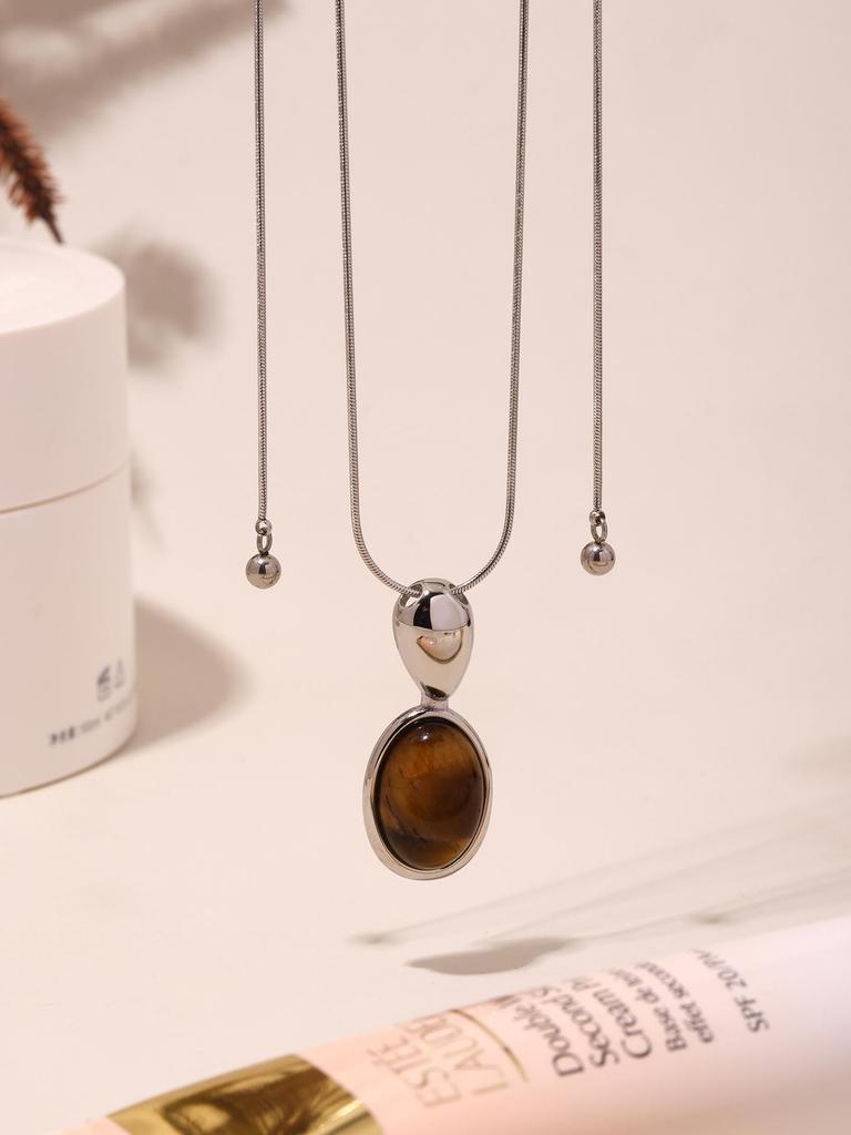 Fashionable Black Agate Pendant Necklace with Adjustable Stainless Steel Long Chain