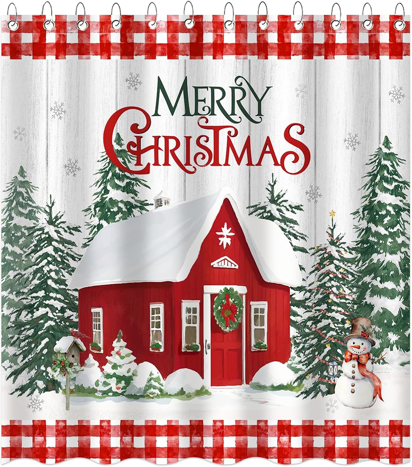 

Christmas Shower Curtain With Xmas Trees Snowflake Red House Deer Pattern, Waterproof Holiday Bath Decor Includes 12 Hooks W60H190(CM)-1 Pcs