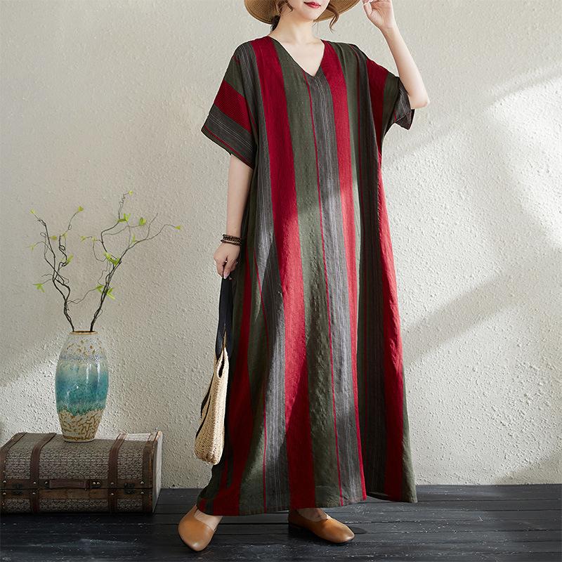 Summer Thin Cotton Linen Print V-neck Loose Oversized Simple Casual Vacation Style Medium Long Dress for Women Dresses