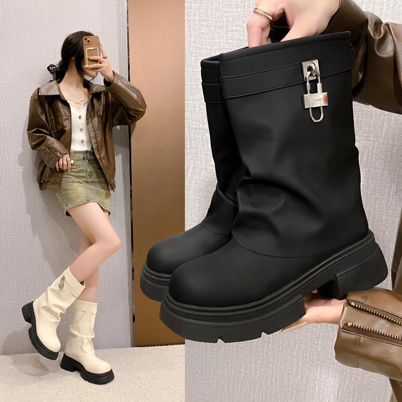 Boots Women's Spring and Autumn Short Boots Platform Pants Boots Thick Heel Vintage Martin Boots Maillard Pile Boots Western Cowboy Boots