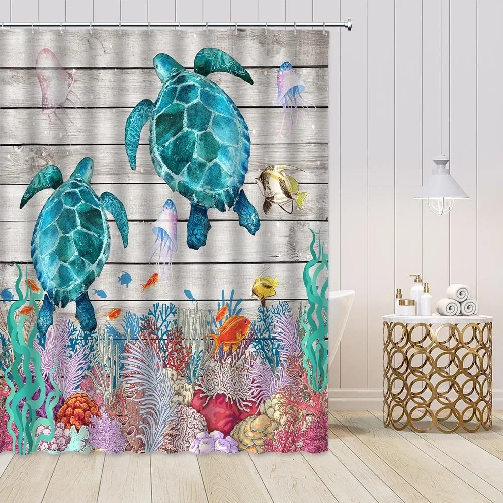 

Octopus Sea Turtle Shower Curtains Blue Marine Animal Whale Coral Vintage Background Polyester Fabric Bathroom Decor with Hooks 90x180cm-35x70in